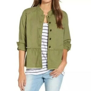 Caslon Green Twill Fringe Trim Button Down Military Jacket XS